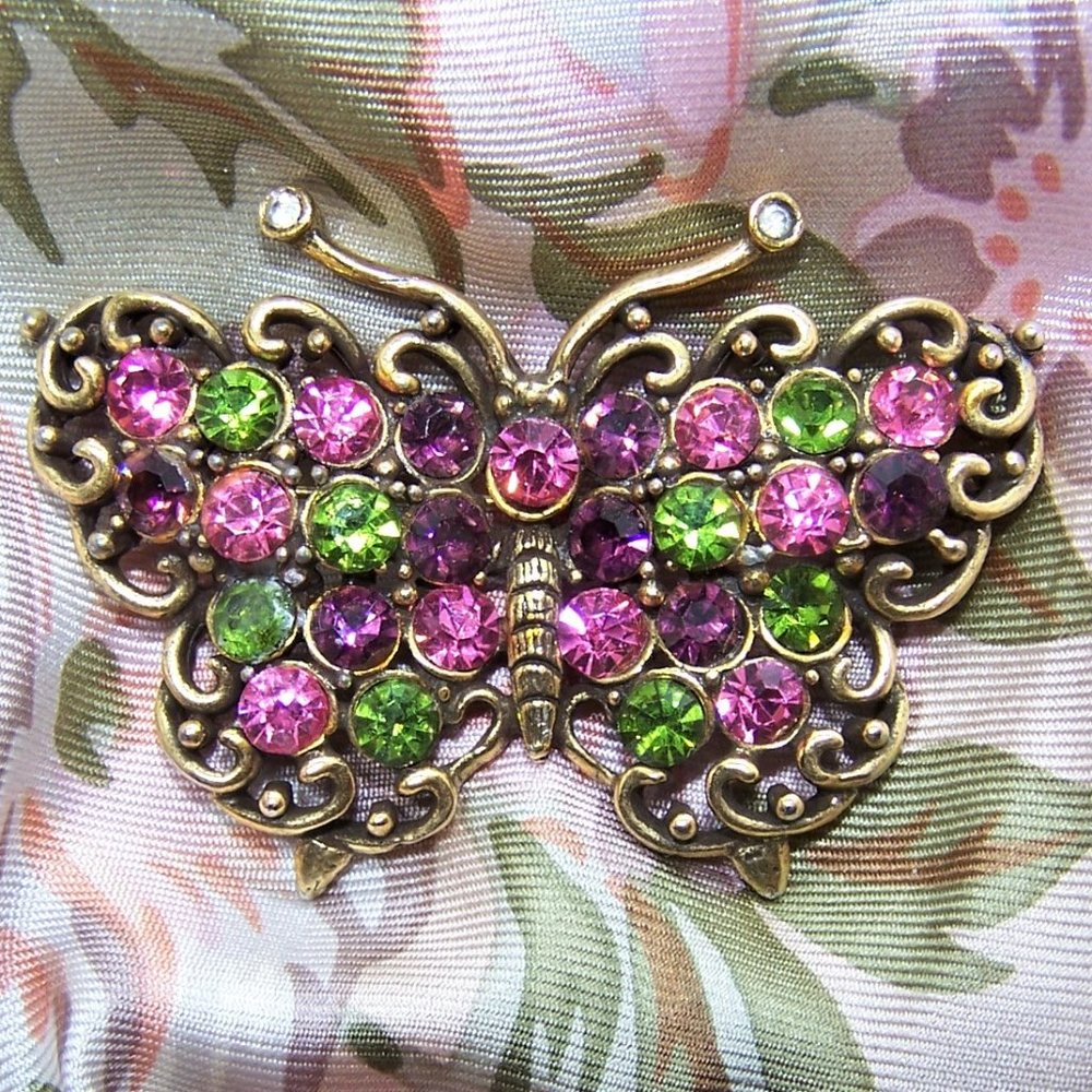 Hollycraft Gold Tone Metal Multi Color Rhinestone Butterfly Pin Brooch